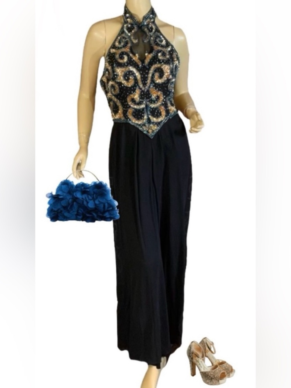 VINTAGE 1990'S ALYCE DESIGNS BLACK SILK CHIFFON BLUE & GOLD SEQUIN JUMPSUIT (8)